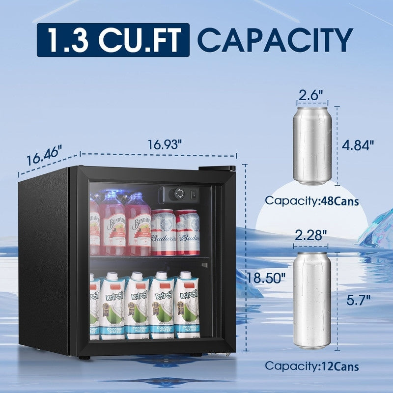1.3cu.ft Beverage Refrigerator Cooler - 48 Can 12 Bottle Mini Fridge Glass Door, Knob Control