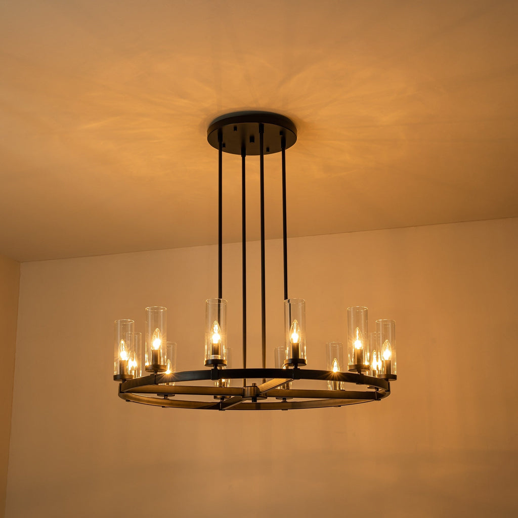 12-Light Mid-Century Modern Cylinder Clear Glass Wagon Wheel Chandelier Gold/Black Large Chandelier