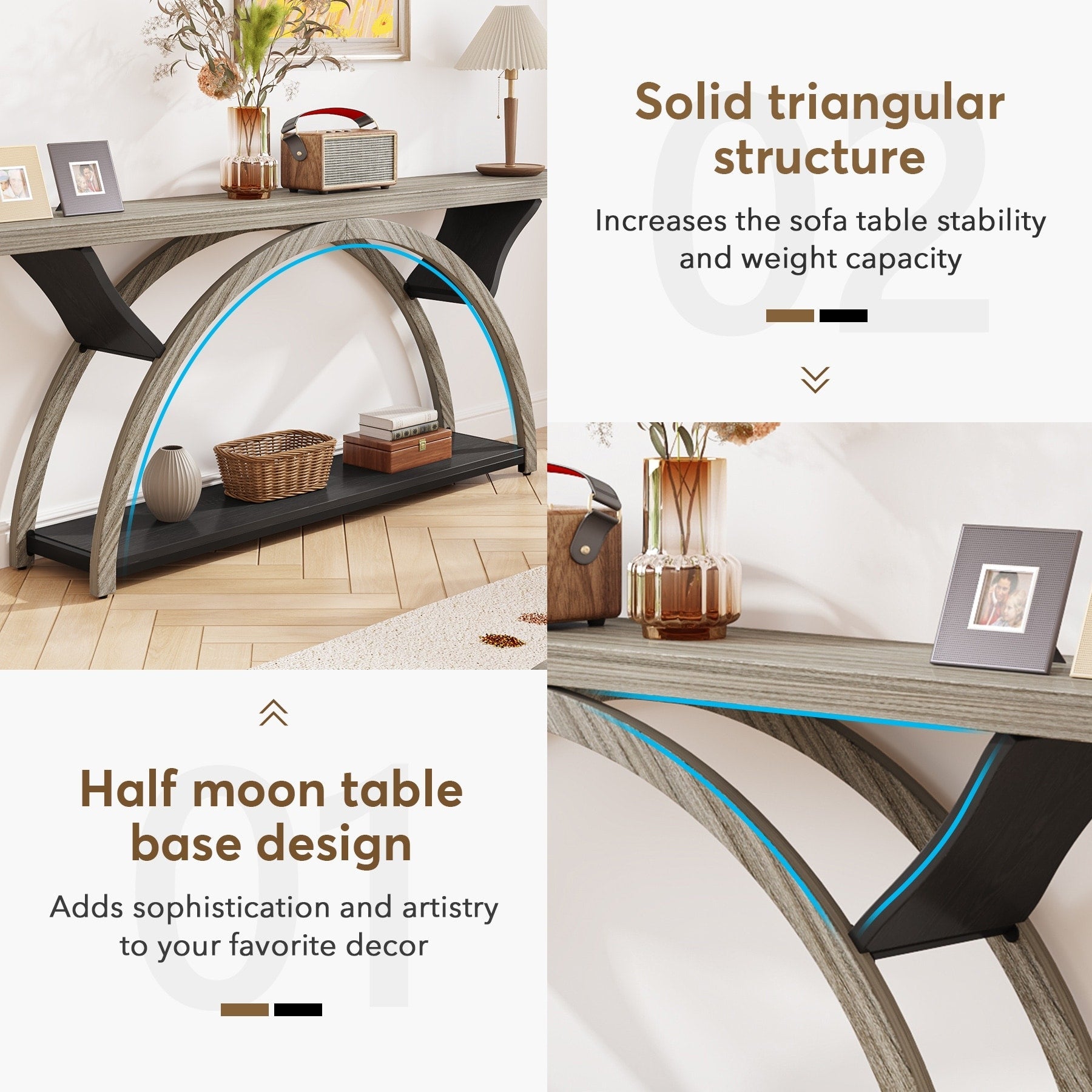 2-Tier Narrow Long Console Sofa Table with Semi-Circular Frame for Entryway,Gray Hallway Accent Tables