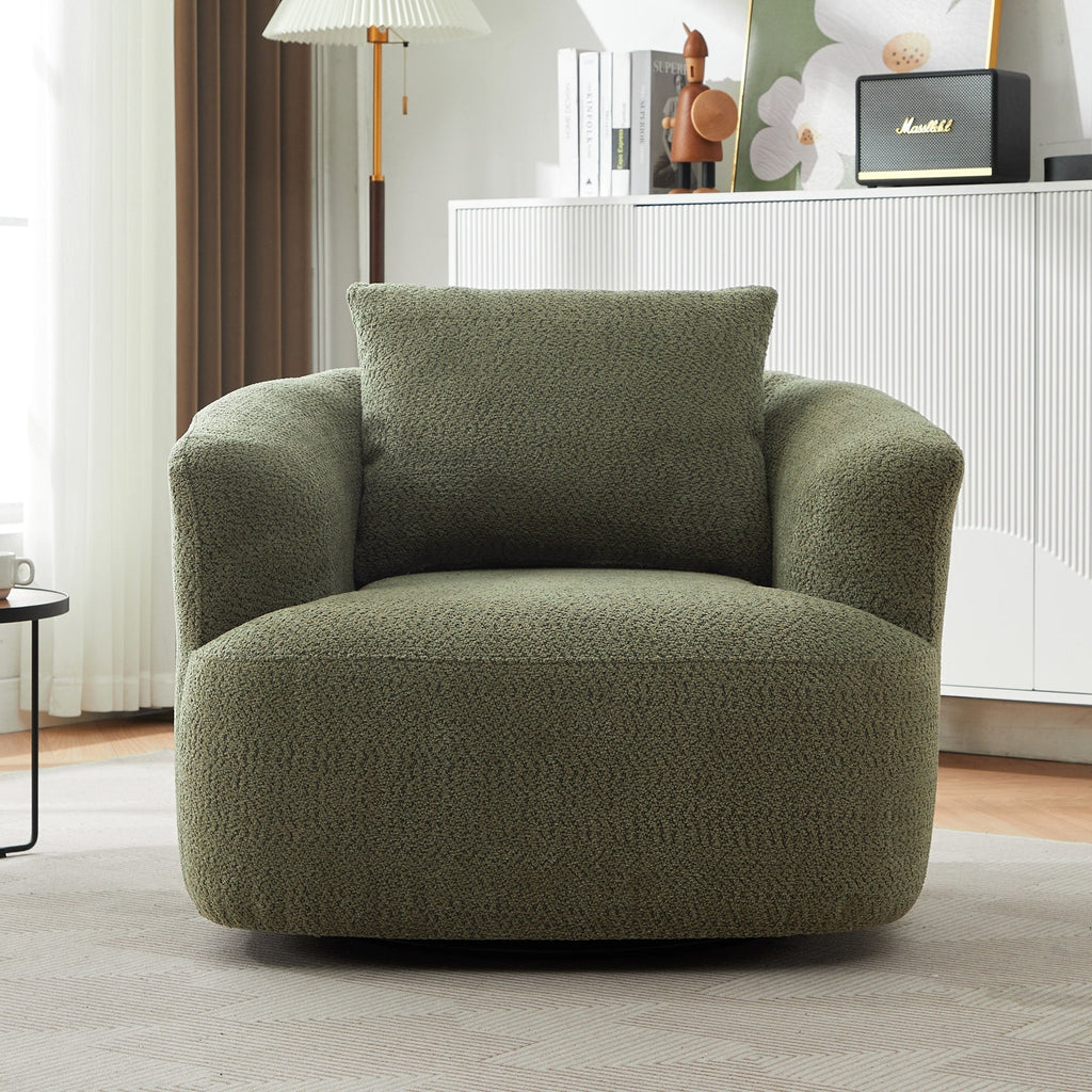360° Swivel Chair, 38.2 Boucle Accent Chair with Throw Pillow, Upholstered Barrel Sofa Chair with Curved Armrests