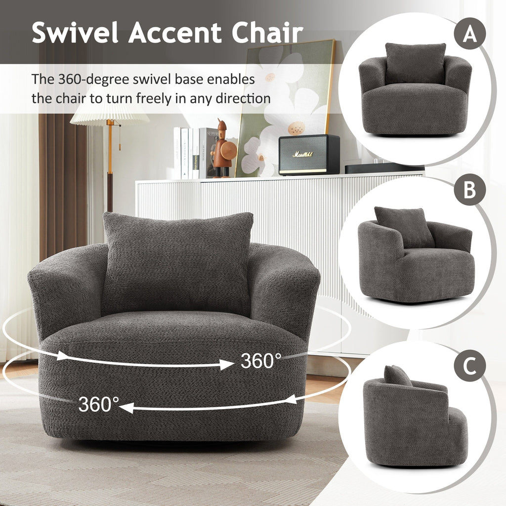360° Swivel Chair, 38.2 Boucle Accent Chair with Throw Pillow, Upholstered Barrel Sofa Chair with Curved Armrests