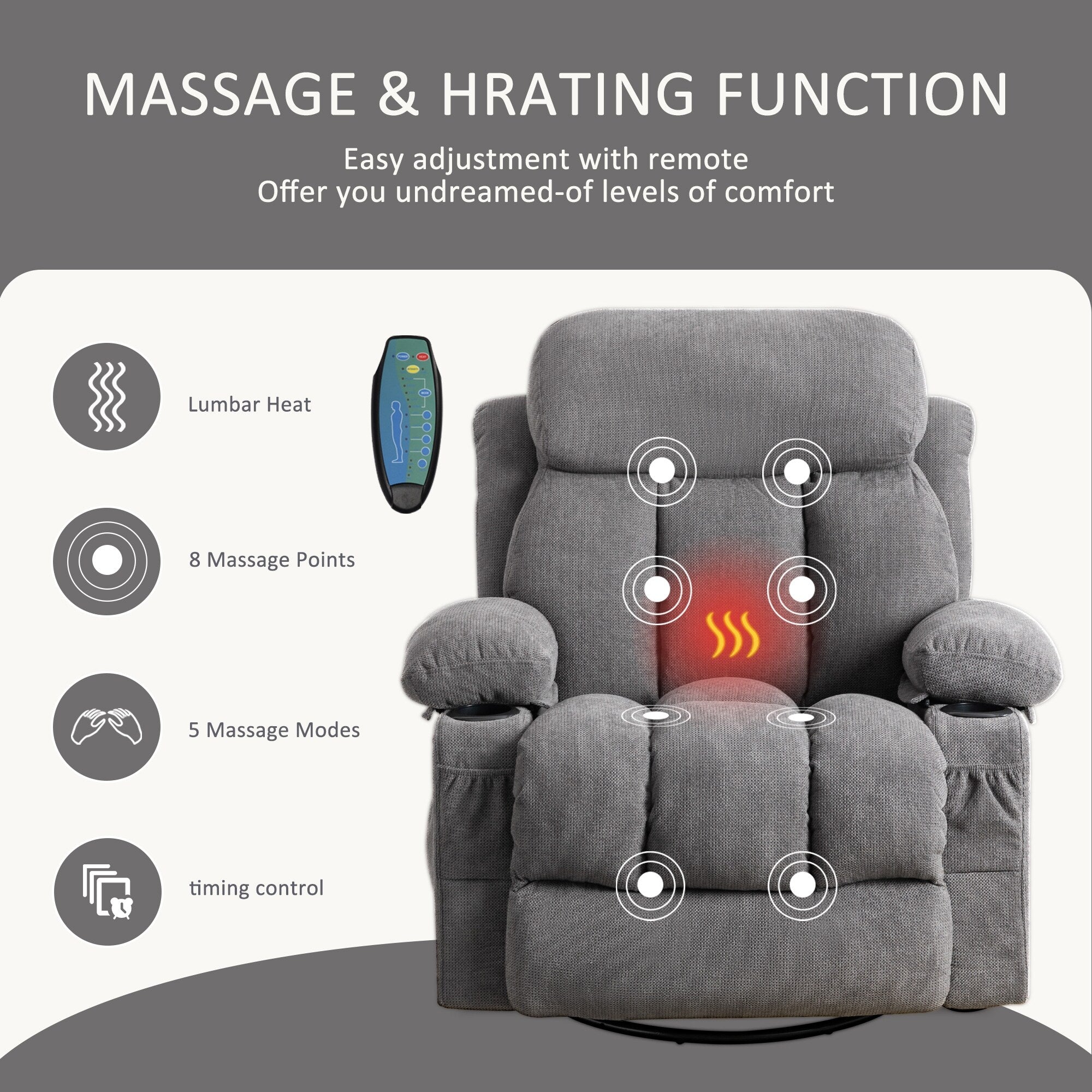 360° Swivel Recliner Chair with Massage, Heat, USB, and Cup Holders