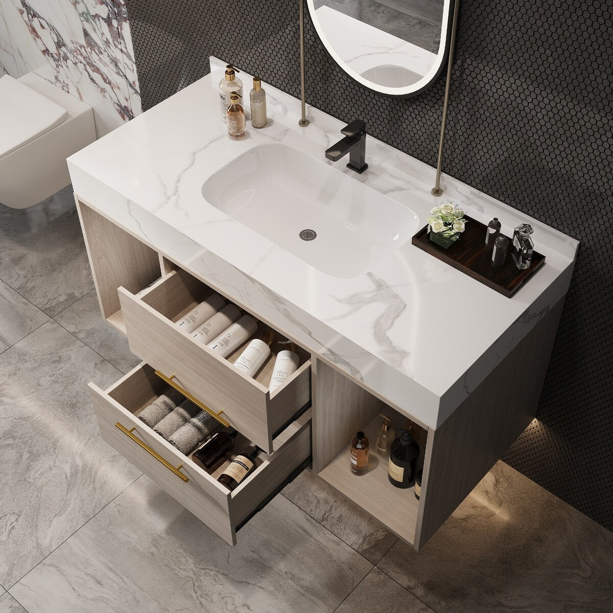 39.4 '' Floating Bathroom Vanity with Ceramic sink,Wall Hung Vanity 2 Soft Close Drawer and white slate top - 39'4 x 18'9