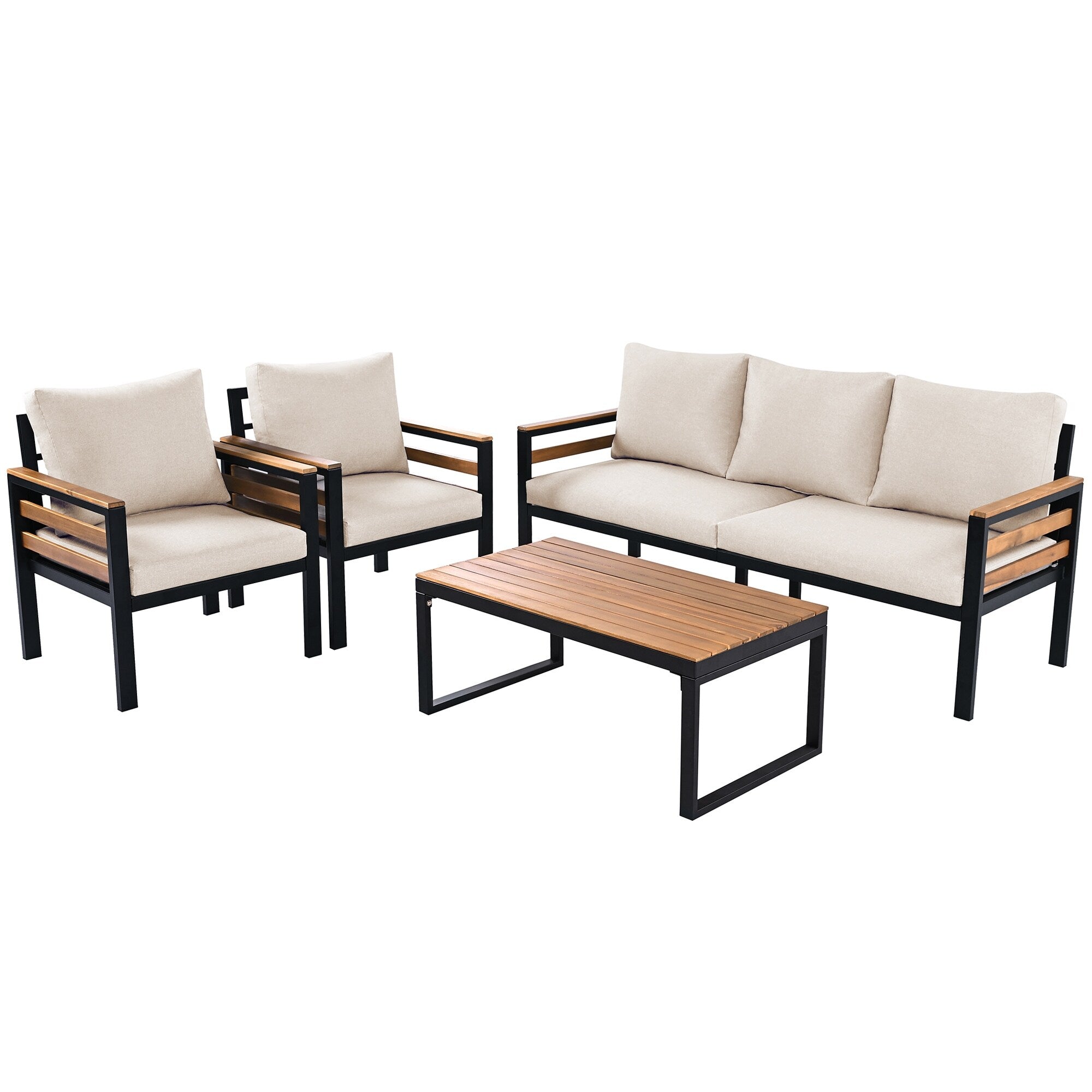 4-Piece Outdoor Sofa Set for 5 People with Removable Cushion & Solid Wood Coffee Table