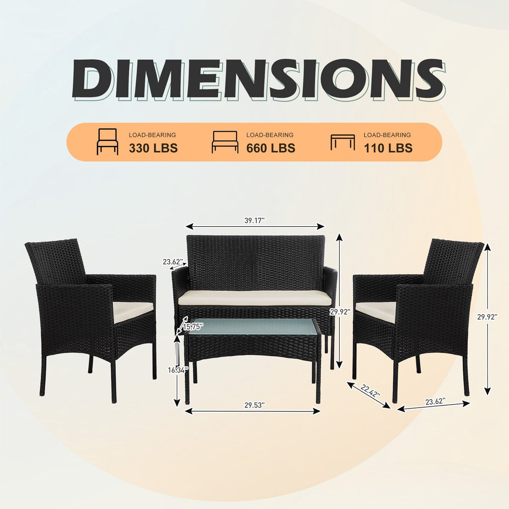 4 Piece Patio Conversation Wicker Furniture Set, Outdoor Rattan Sectional Furniture Set With Cushions