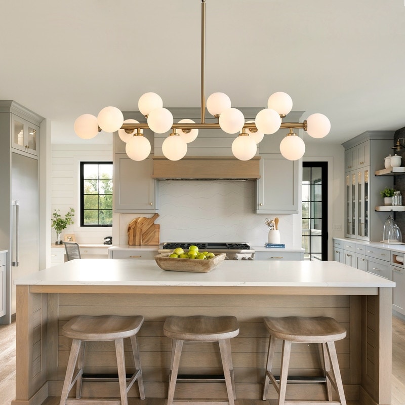 40 in. Linear Mid Century Modern Chandelier 16-Light Gold Brass Sputnik Pendant Light with Frosted Glass Globe for Dining Room