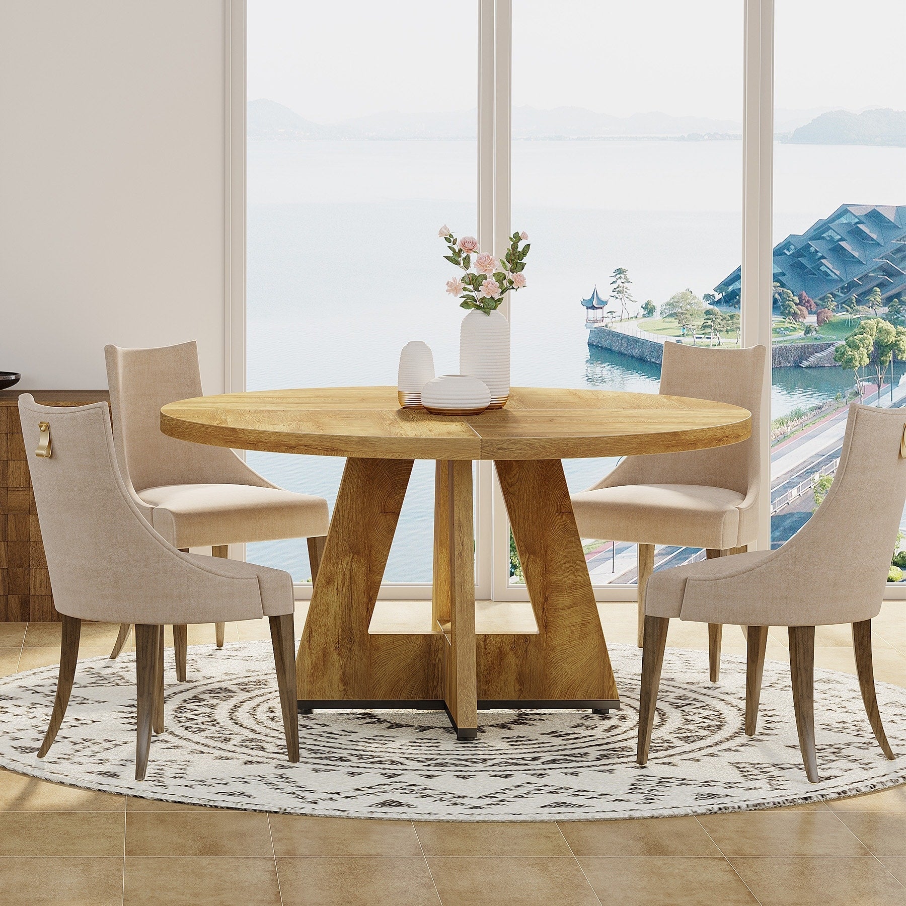47 Round Dining Table for 4, Farmhouse Kitchen Table Small Dinner Table Wood Kitchen Table for Dining Room Living Room