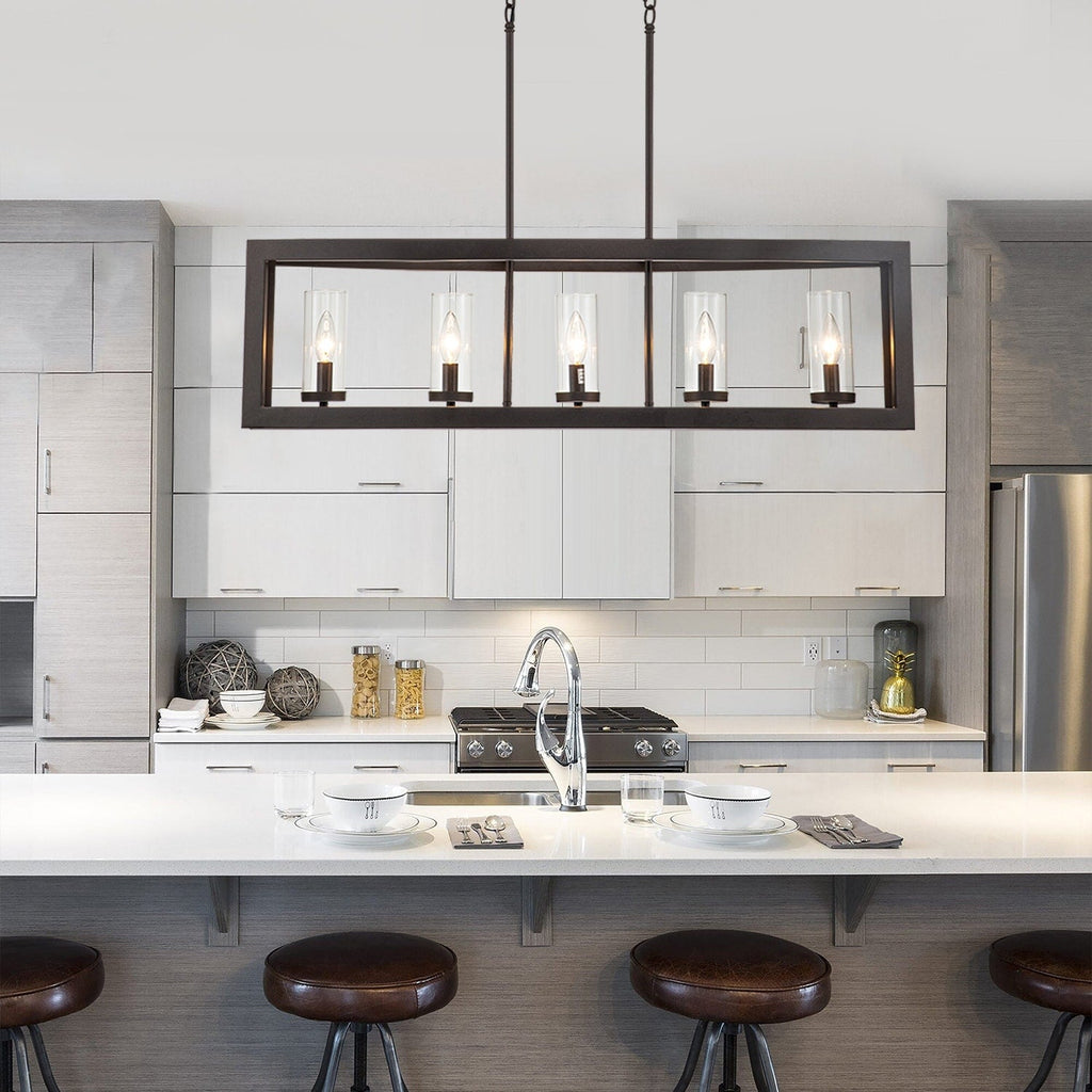 5-Light Modern Industrial Linear Chandelier for Dining Room Farmhouse Cylinder Clear Glass Chandelier Kitchen Island Lights