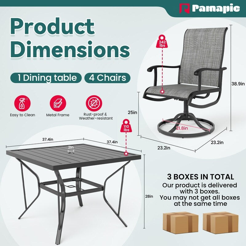 5-Piece Metal Outdoor Patio Dining Set with Square Table and Textilene Swivel Chairs