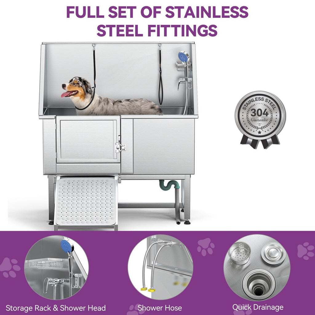 50'' W Stainless Steel Adjustable Pet Grooming Tub with Steps Ramp