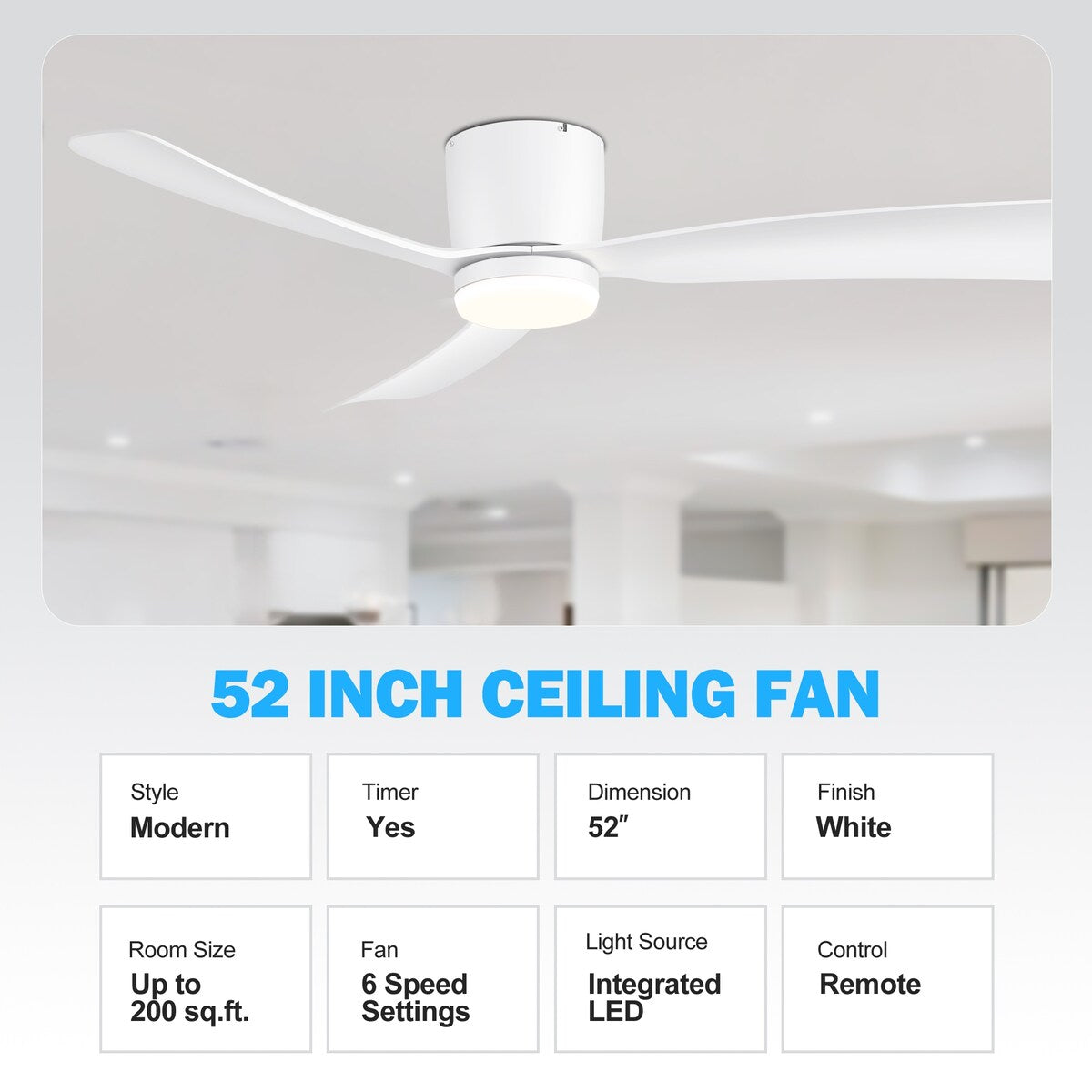 52 Inch Black/White Flush Mount LED Ceiling Fan with Lights Remote(3-Blade)