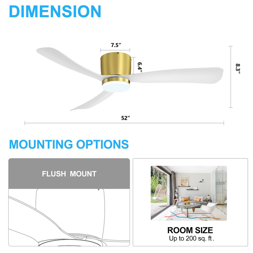 52 Inch Black/White Flush Mount LED Ceiling Fan with Lights Remote(3-Blade)