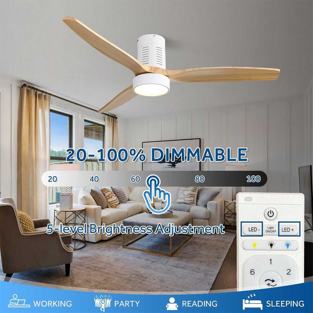 52 Inch Farmhouse Style Flush Mount Ceiling Fan with Light and Remote Control, Reversible DC Motor