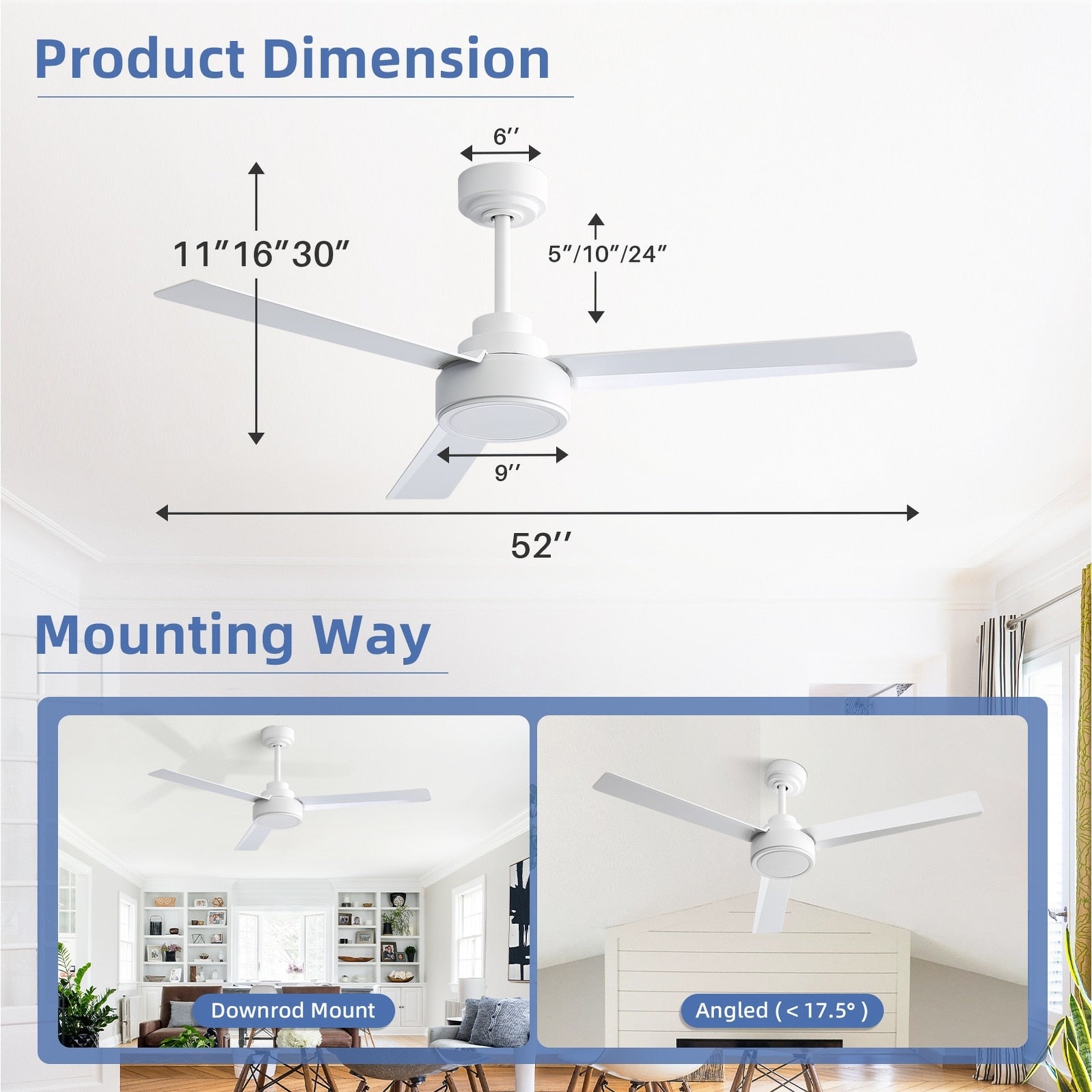 52 inch Modern Solid Wood / ABS Ceiling Fan With Remote Control(No Light),6 WInd Speed,Reversible Airflow