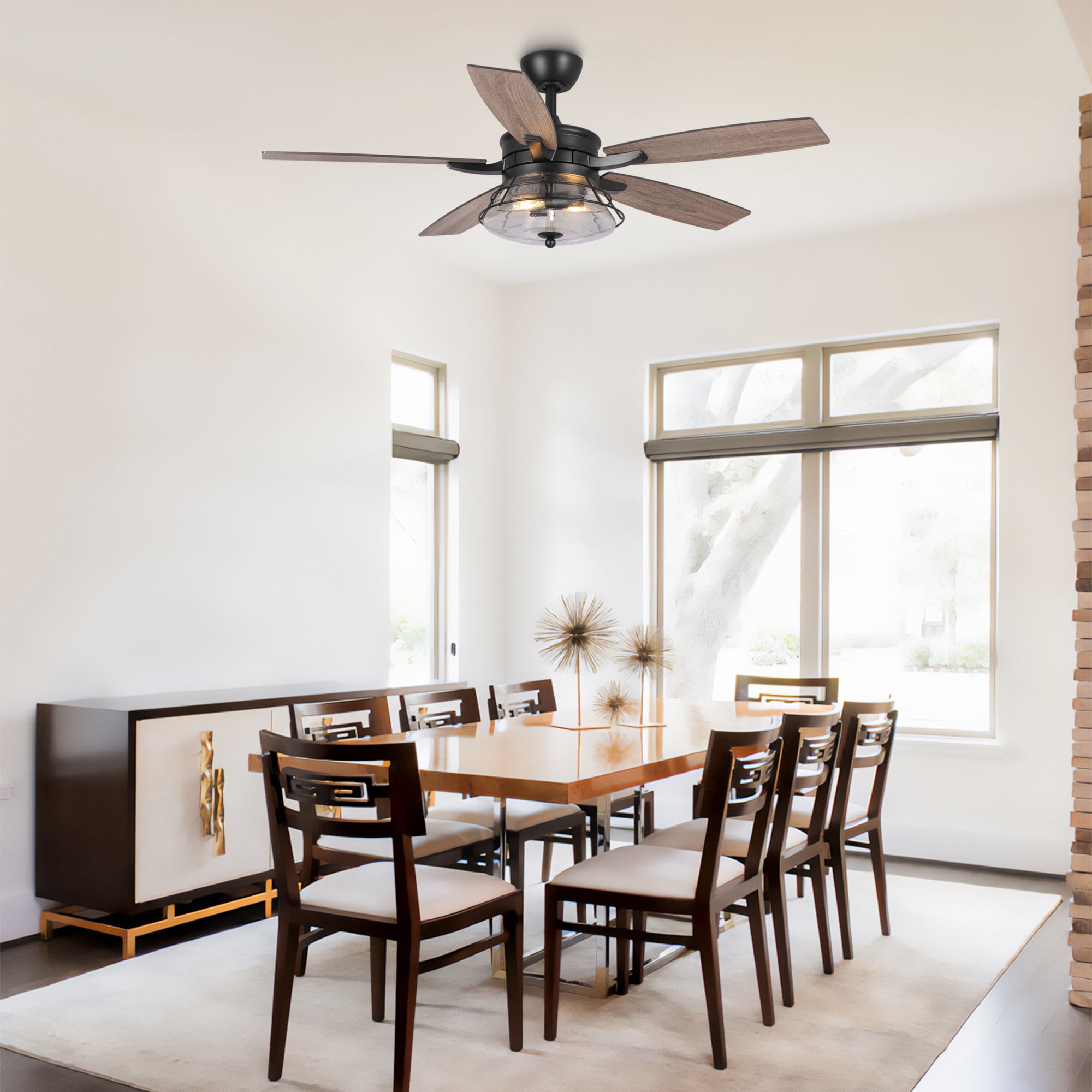 52 Industrial Seeded Glass Black Decorative Ceiling Fan with Remote and Light Kit