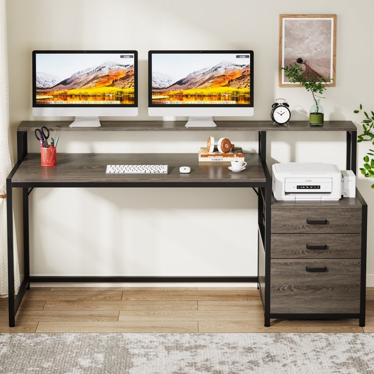 63 Computer Desk with Monitor Stand, Ergonomic Home Office Desks with Drawers File Cabinet