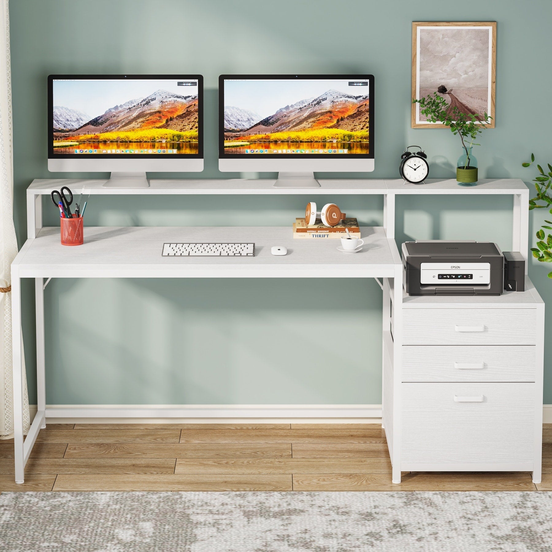 63 Computer Desk with Monitor Stand, Ergonomic Home Office Desks with Drawers File Cabinet