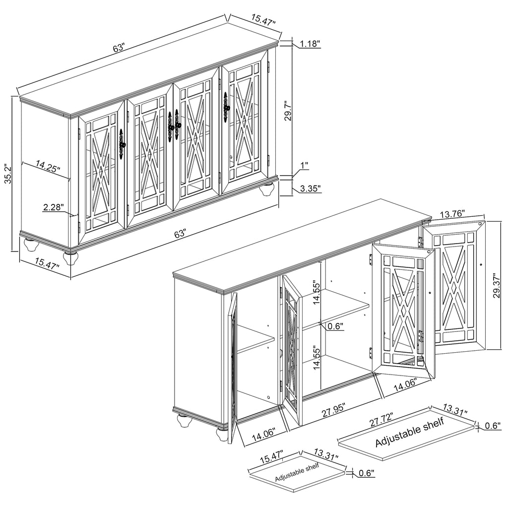 63 Vintage Style Wood Kitchen Accent Buffet Sideboard Cabinet - 63 in Width