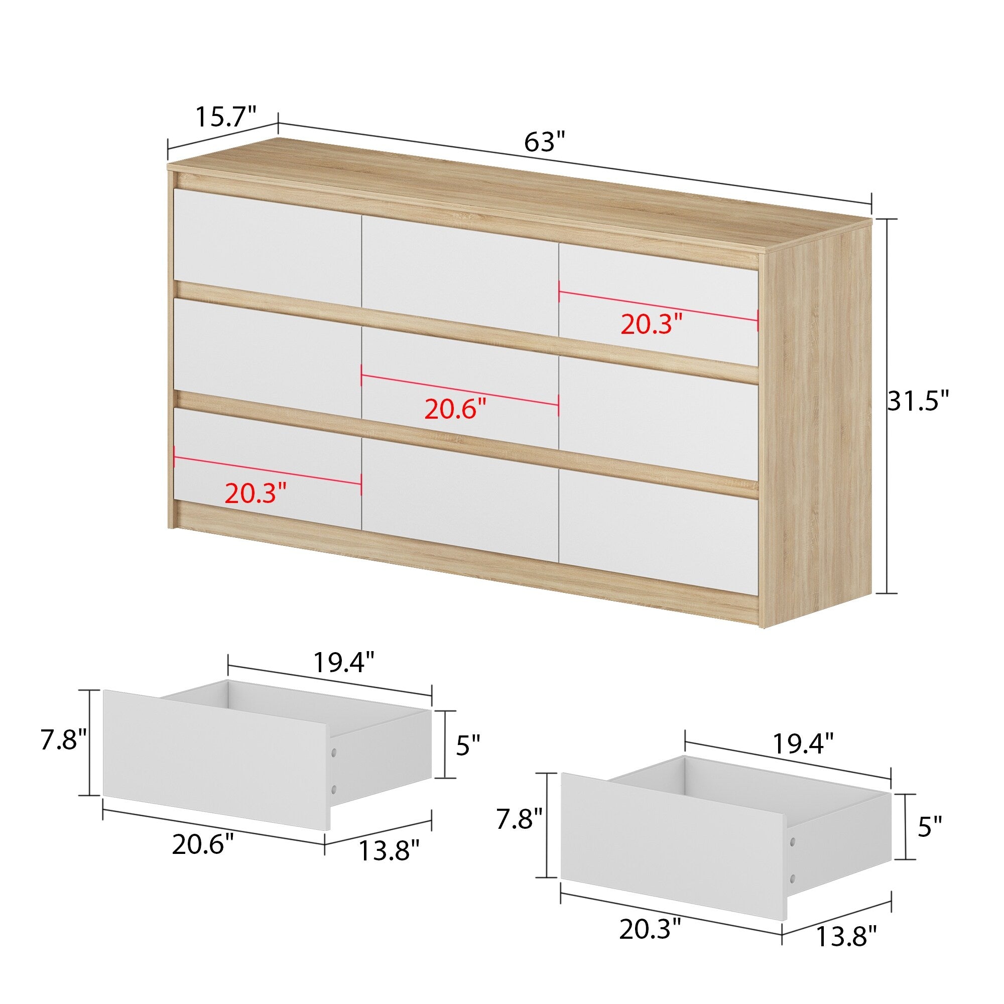 63W 9 Drawer Dresser Accent Dresser for Living Room Bedroom Chest