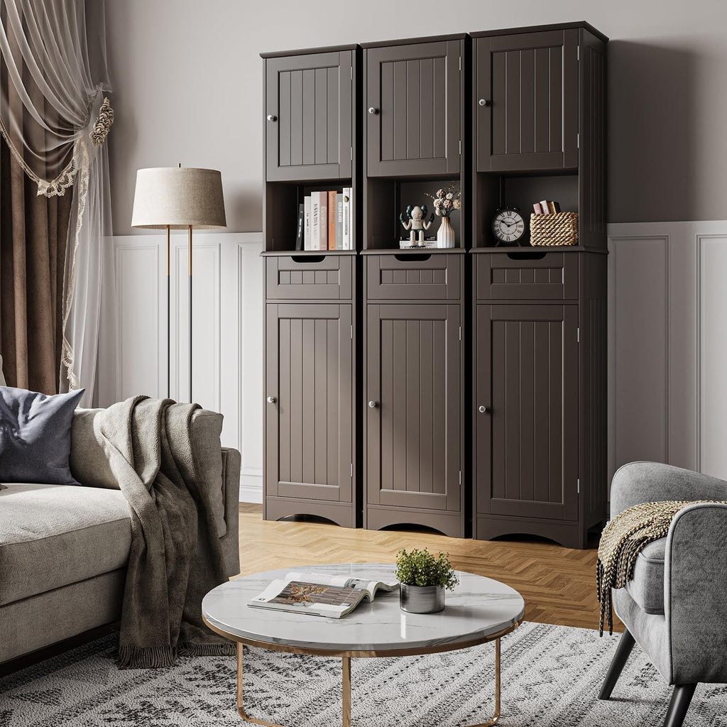 67'' Tall Bathroom Narrow Linen Cabinet, 5 Tiers Solid Wood Freestanding Storage Cabinet