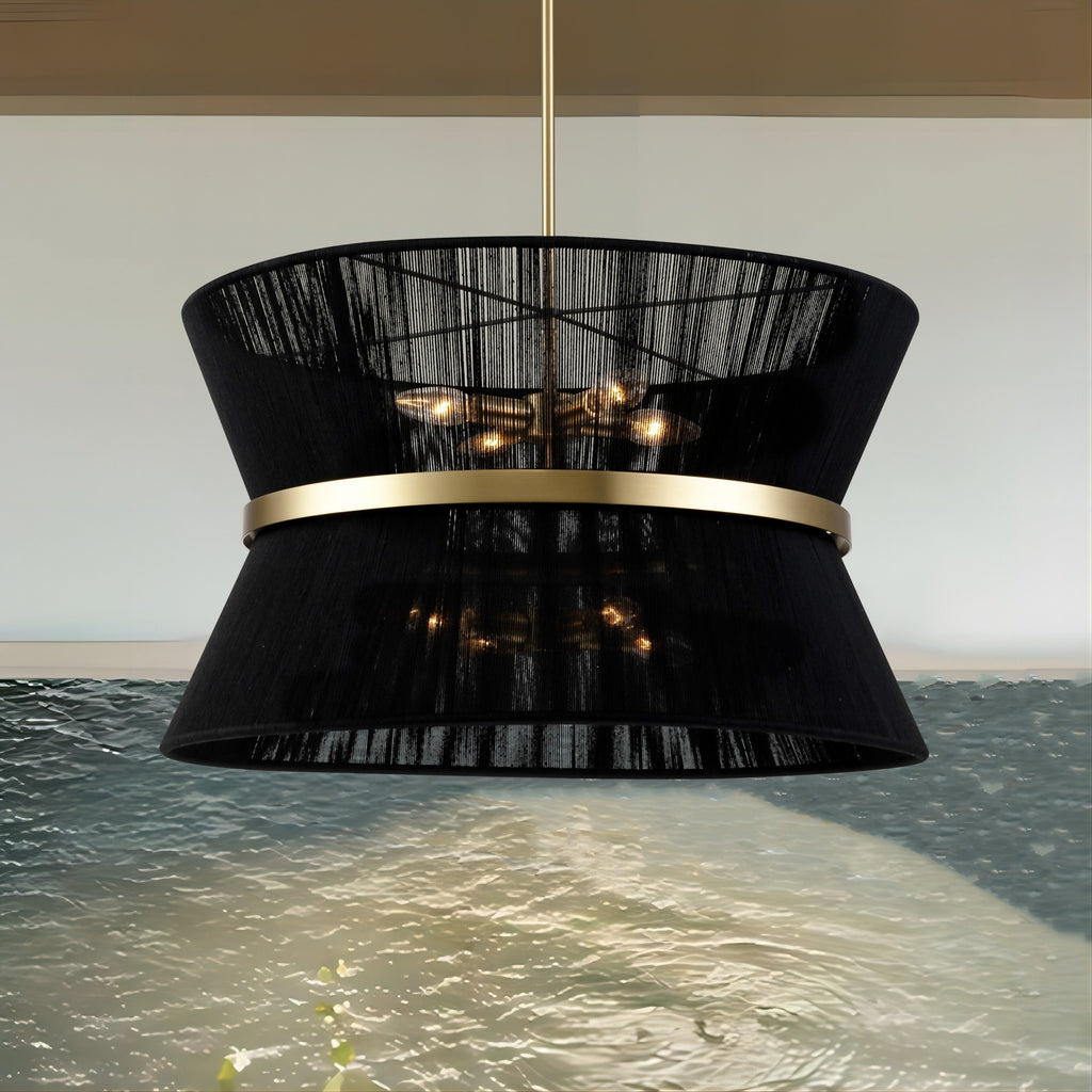 8-Light Modern Boho Large Drum Chandelier 24 inch Fabric Hourglass Hand-woven Chandelier in Gold/ Black for Dining/ Living Room