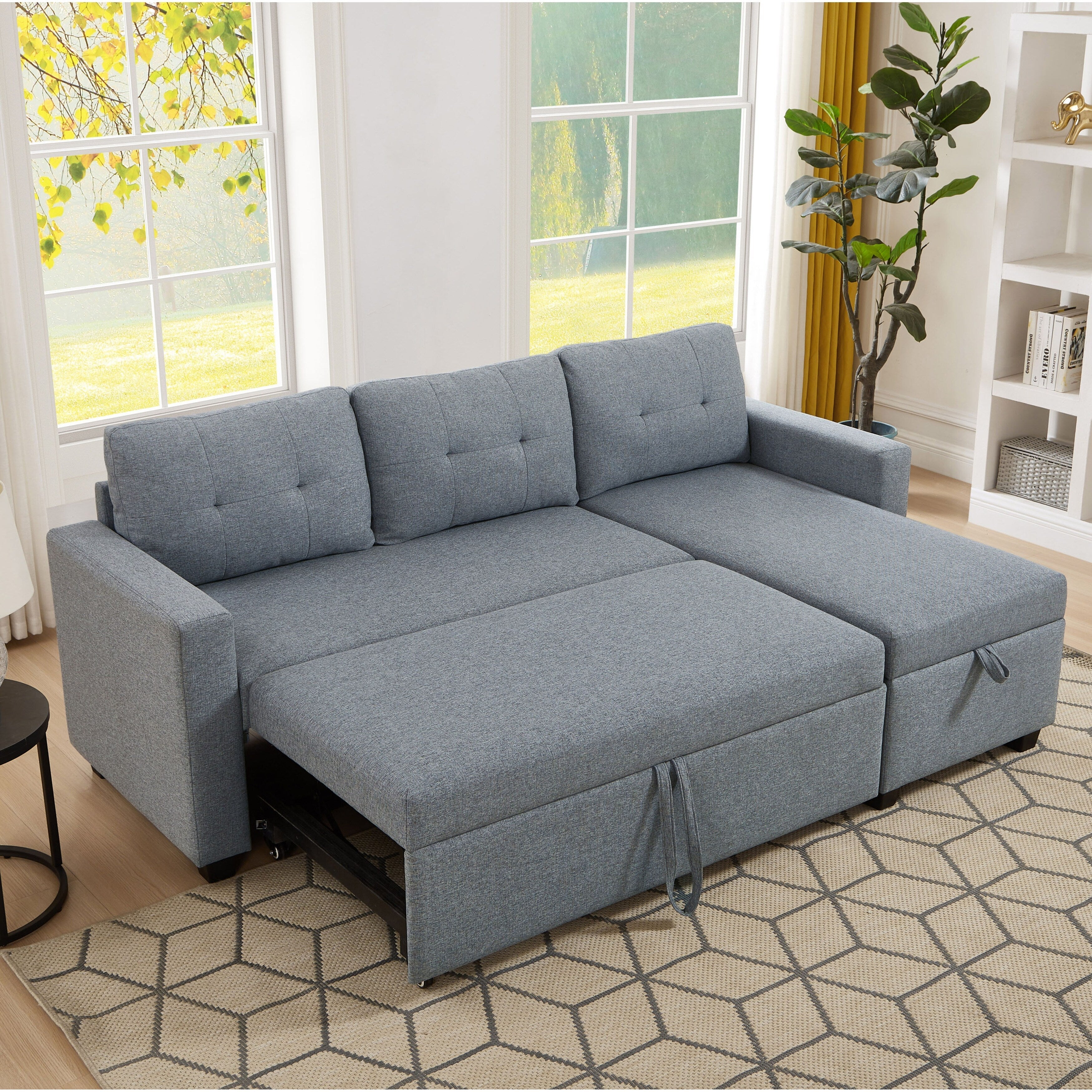81.5'' Upholstered Convertible 3 Seater Sleeper Sofa with Pull-Out Bed, Reversible Storage Chaise, and Back Cushions