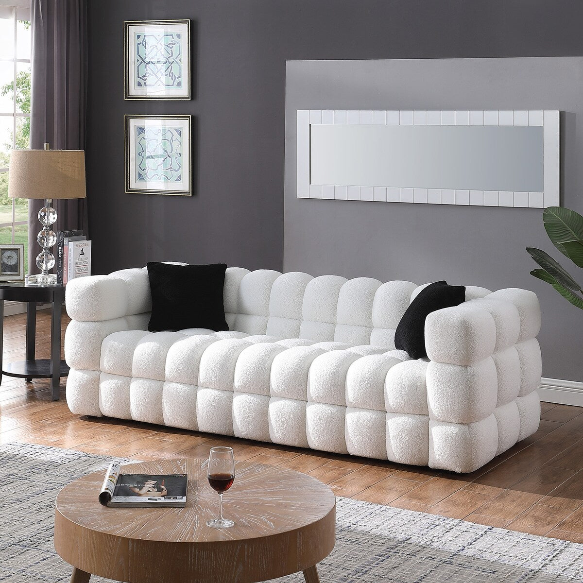 84.3 Luxurious Large Boucle Sofa 3 Seater Marshmallow Upholstered Sofa with 2pc Square Accent Pillows and Square Arm