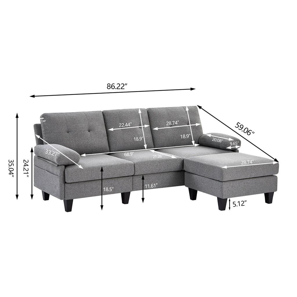 86.22 L Shaped Sectional Sofa with Side Storage Pockets