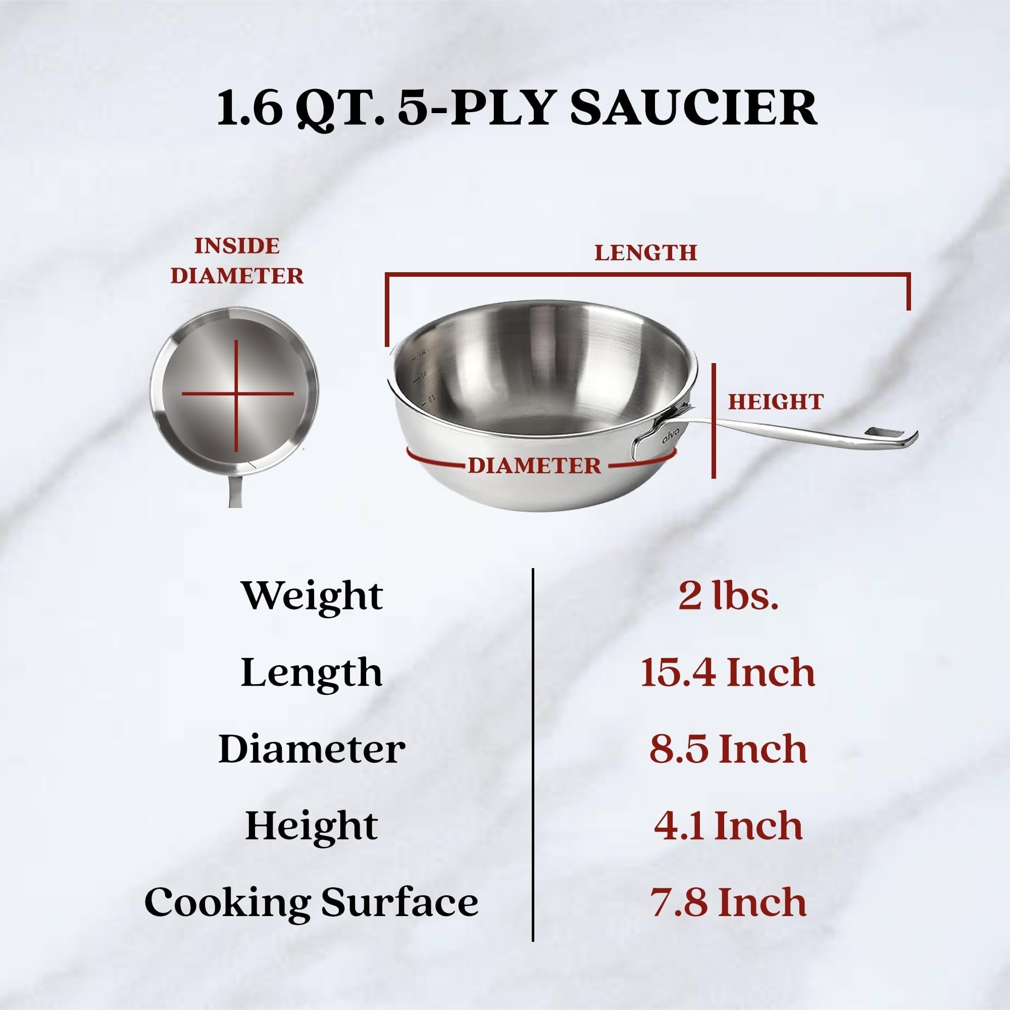 Alva Maestro 5-Ply Stainless Steel Saucier Pan - 1.6 Qt. Non-Toxic