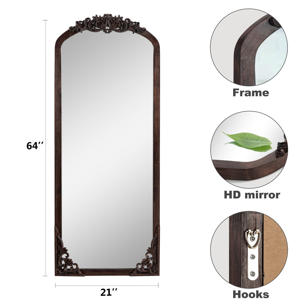 Arched Full-Length Solid Wood Carving Floor Mirror