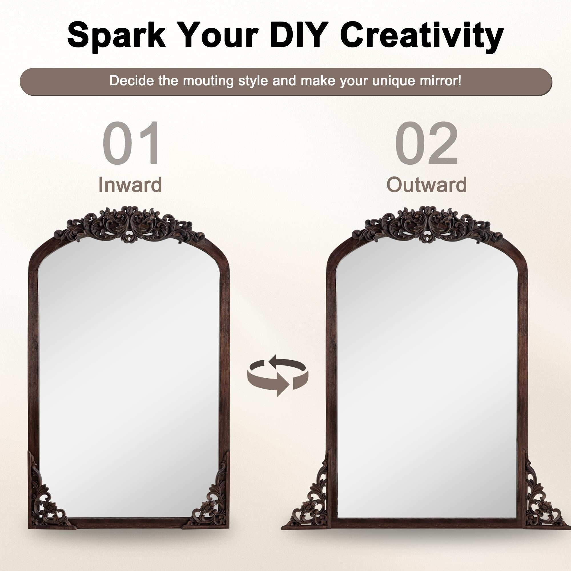 Arched Full-Length Solid Wood Carving Floor Mirror