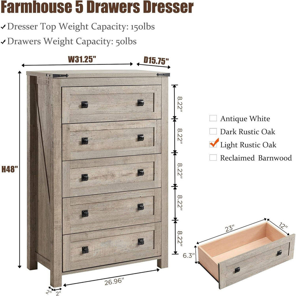 48 Tall Farmhouse 5 Drawer Wood Dresser, Chest of Drawers for Bedroom