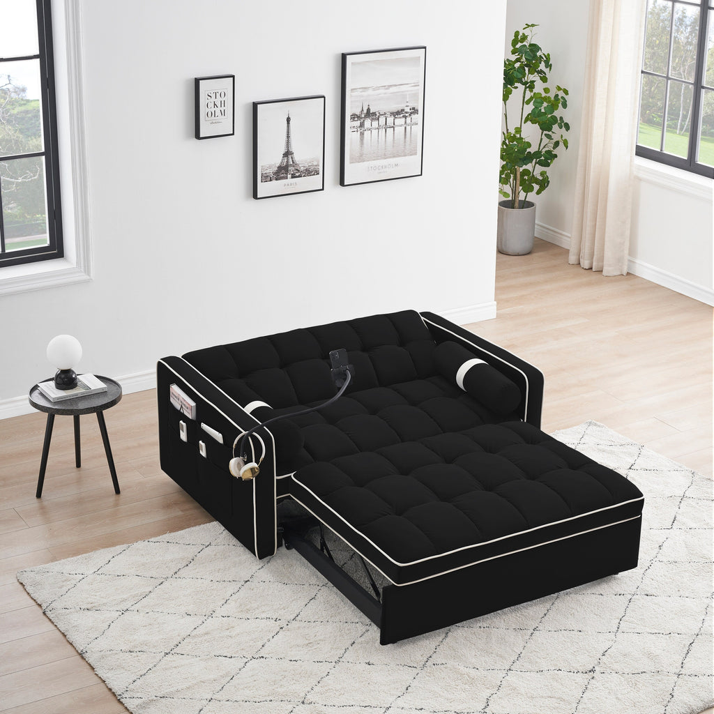 Velvet Convertible 55'' 2-Seater Sleeper Sofa with Pull-Out Bed, Adjustable Recline, Side Pockets, and Phone Holder