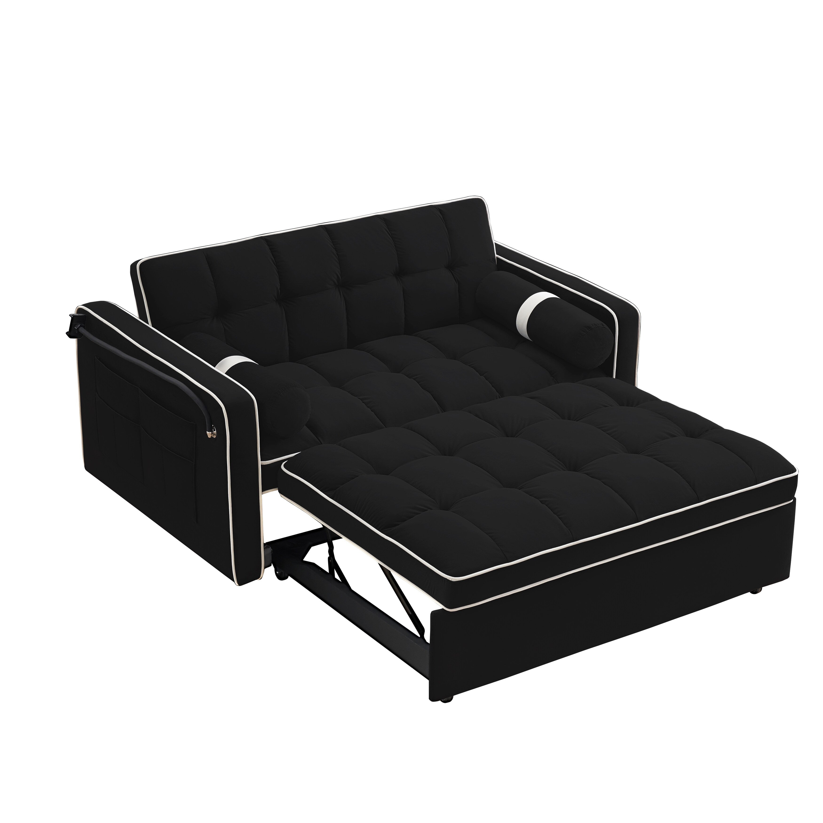 Velvet Convertible 55'' 2-Seater Sleeper Sofa with Pull-Out Bed, Adjustable Recline, Side Pockets, and Phone Holder