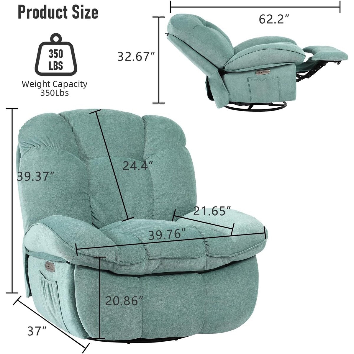 XINMICS Swivel Power Recliner Chair, Massage Rocker Recliners with Heated ,USB, USB-C and Side Pocket